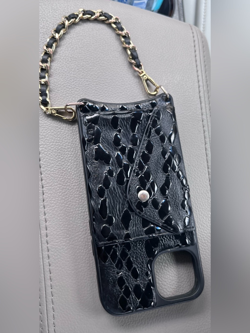 Bandolier Croc-Textured Leather Wallet Phone Case with Gold Chain wristlet .